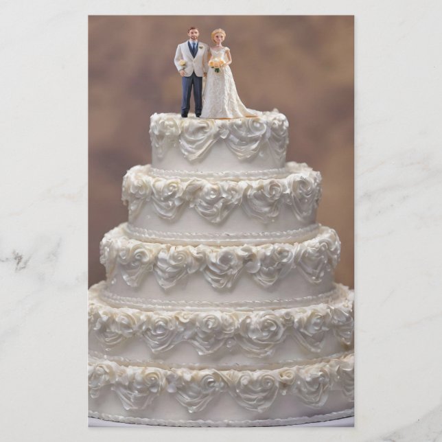 White Five Tier Wedding Cake With Bridal Couple, Stationery (Front)