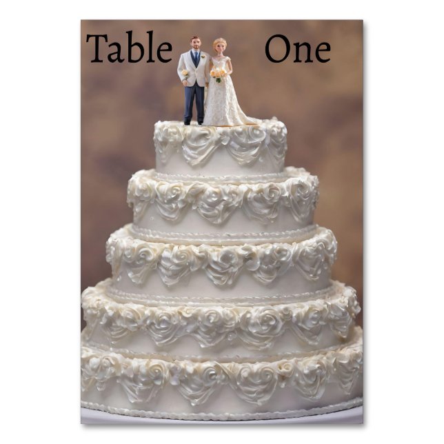 White Five Tier Wedding Cake With Bridal Couple, Table Number (Front)