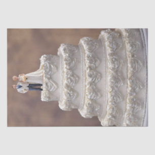 White Five Tier Wedding Cake With Bridal Couple, Tissue Paper