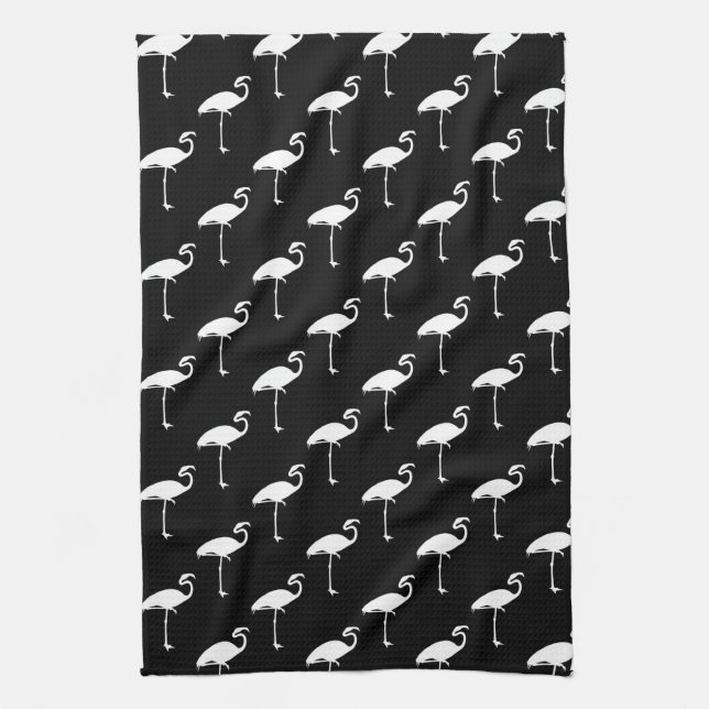 White Flamingo Tropical Flamingos Black Background Tea Towel (Vertical)