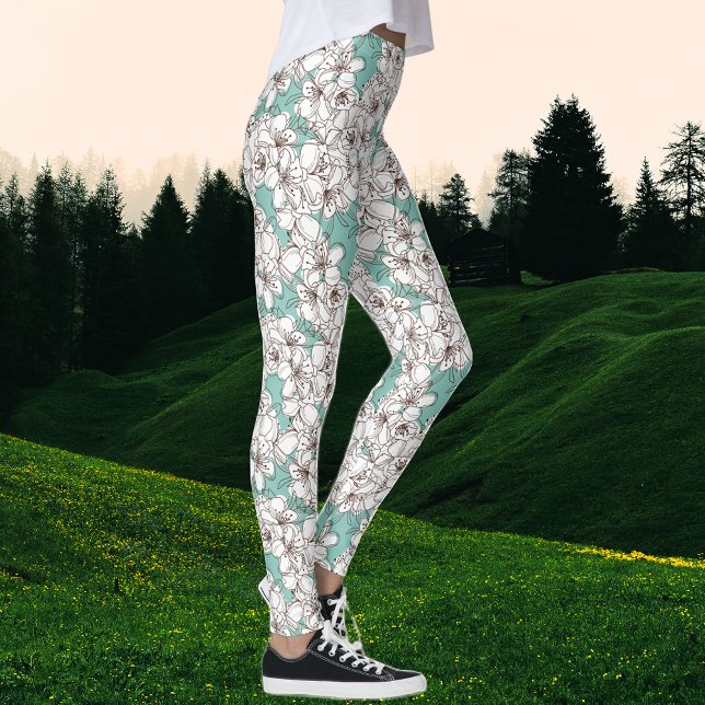 White Flora Bunch Aqua Teal Brown Leggings (Creator Uploaded)