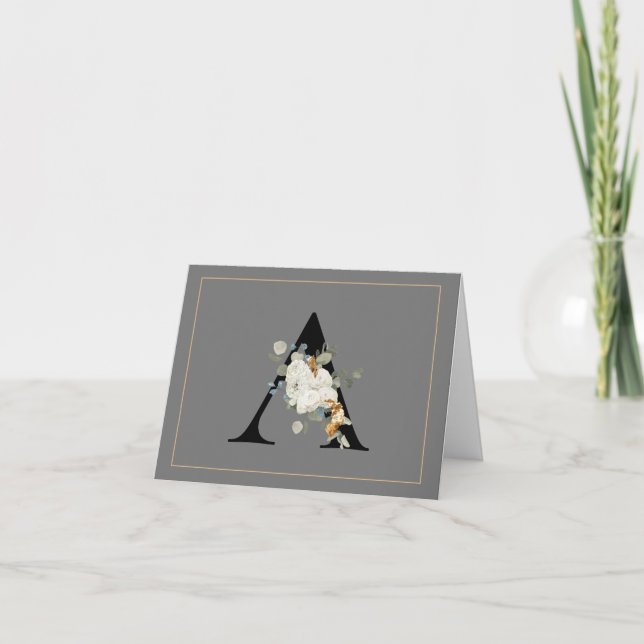 White Flora l Gold Accents Monogram A   Note Card (Front)