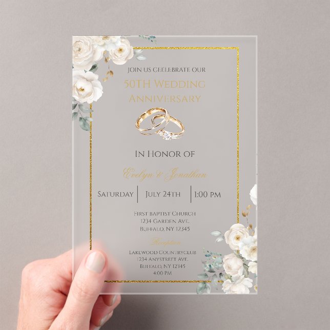 White floral 50th wedding anniversary acrylic invitations (Insitu (Handheld))