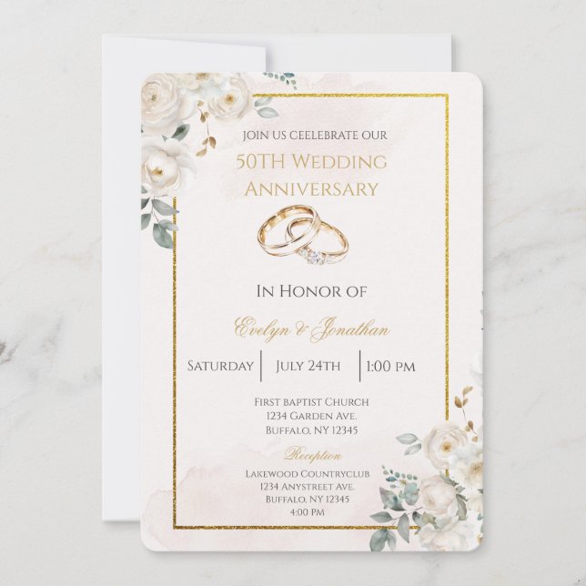 White floral 50th wedding anniversary invitation (Front)