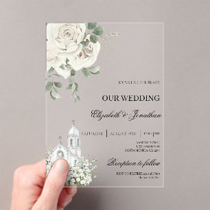 White floral acrylic wedding with church invitations