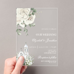 White floral acrylic wedding with church invitations