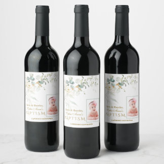 White Floral Airy Greenery Girl Photo Baptism Fav Wine Label