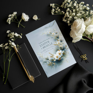 White Floral and Blue Pine Gold Wreath Wedding Invitation