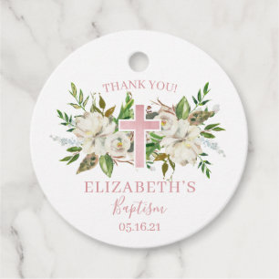 White Floral and Blush Foil Thank You Baptism Favour Tags
