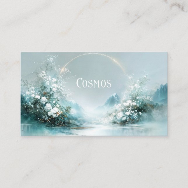 White Floral and Glowing Celestial Mountain Lake Business Card (Front)