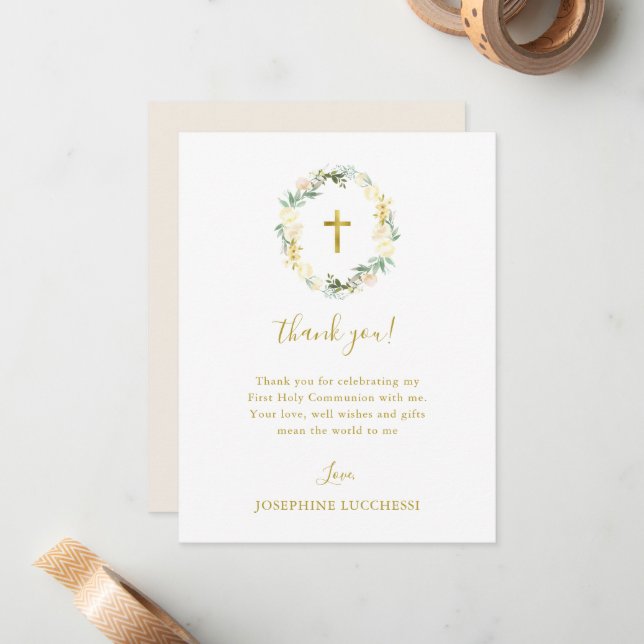 White Floral and Gold First Holy Communion Custom Card (Front/Back In Situ)