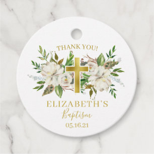 White Floral and Gold Foil Thank You Baptism Favour Tags