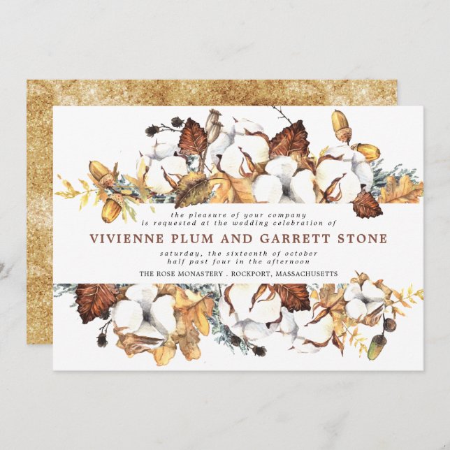 White Floral and Gold Leaves Fall Wedding Invitation (Front/Back)