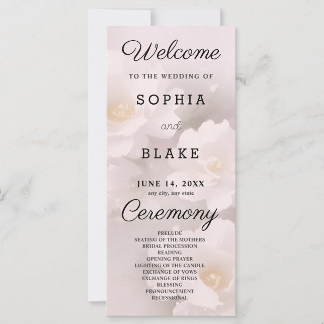 White Floral and Light Pink Wedding Program (Front)