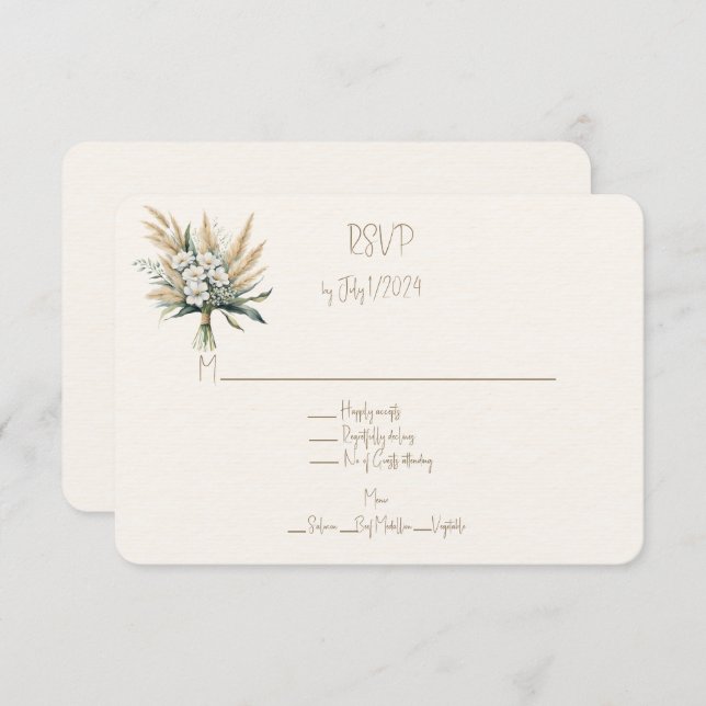 White Floral and Pampas Grass Wedding Bouquet  RSVP Card (Front/Back)