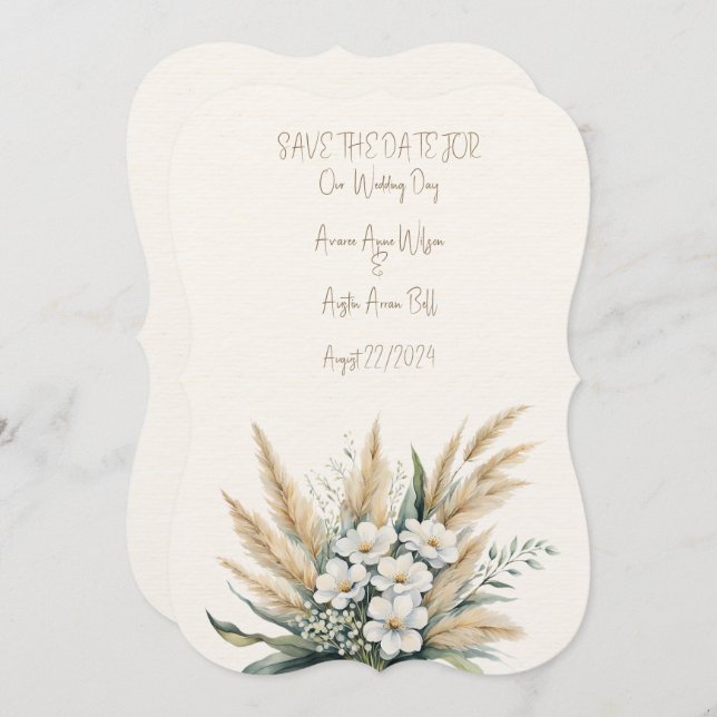White Floral and Pampas Grass Wedding Bouquet  Save The Date (Front/Back)