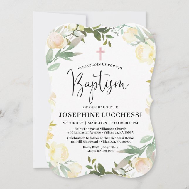 White Floral and Pink Baptism Invitation  (Front)