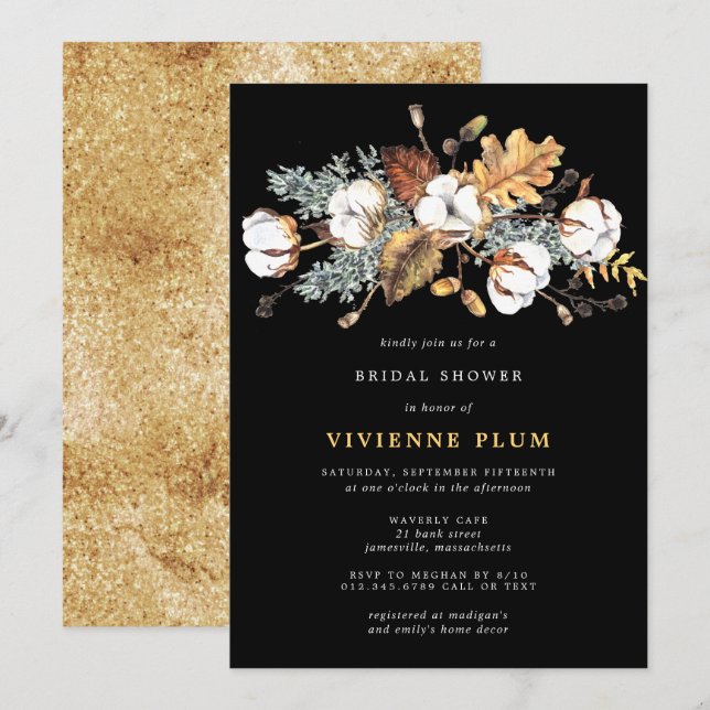 White Floral Autumn Leaves Gold Bridal Shower Invitation (Front/Back)