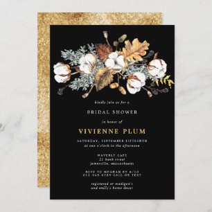 White Floral Autumn Leaves Gold Bridal Shower Invitation