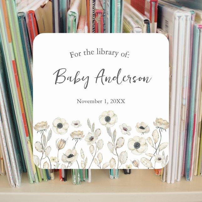 White Floral baby shower bookplate Square Sticker (Creator Uploaded)