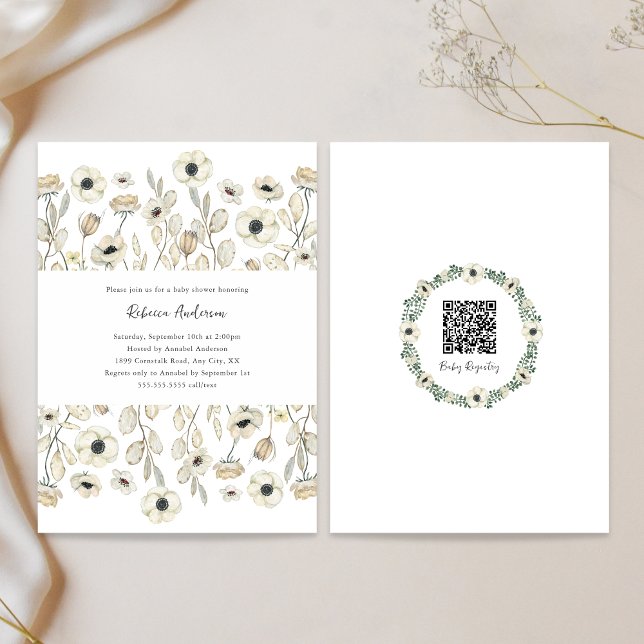White Floral baby shower + registry QR Invitation (Creator Uploaded)