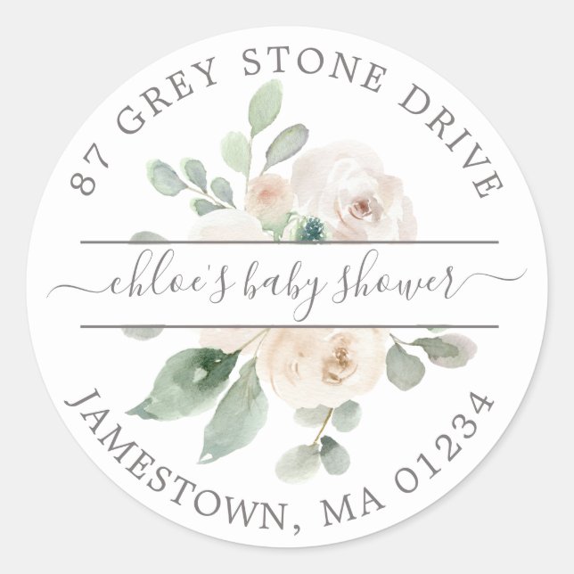 White Floral Baby Shower Return Address Label (Front)