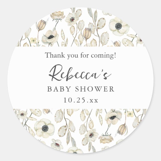 White Floral baby shower thank you favour  Classic Round Sticker (Front)