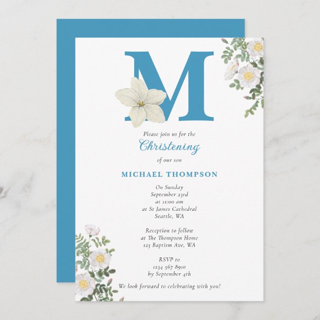 White Floral Baptism Christening Baby Boy Initials Invitation (Front/Back)