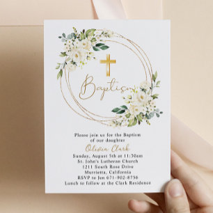 White Floral Baptism Christening Gold Frame Invitation