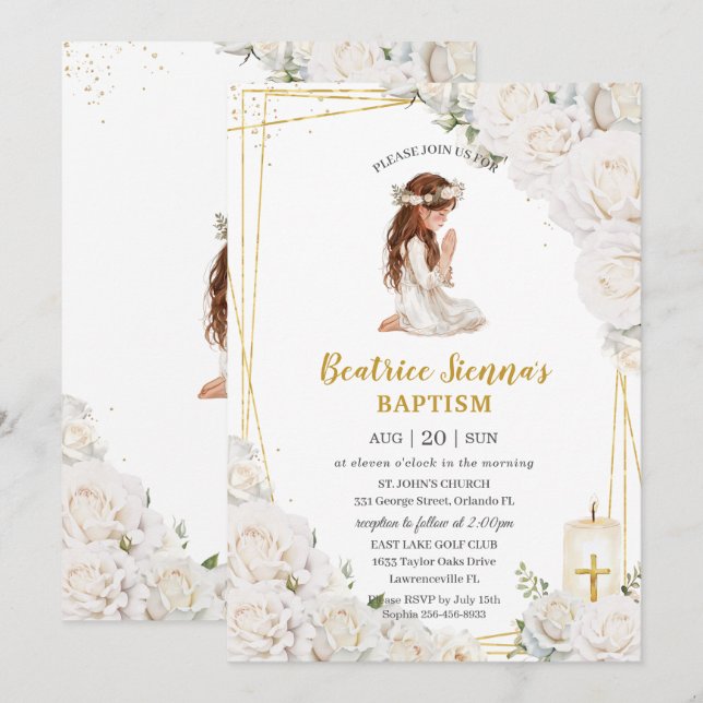 White Floral Baptism Christening Praying Girl Invitation (Front/Back)