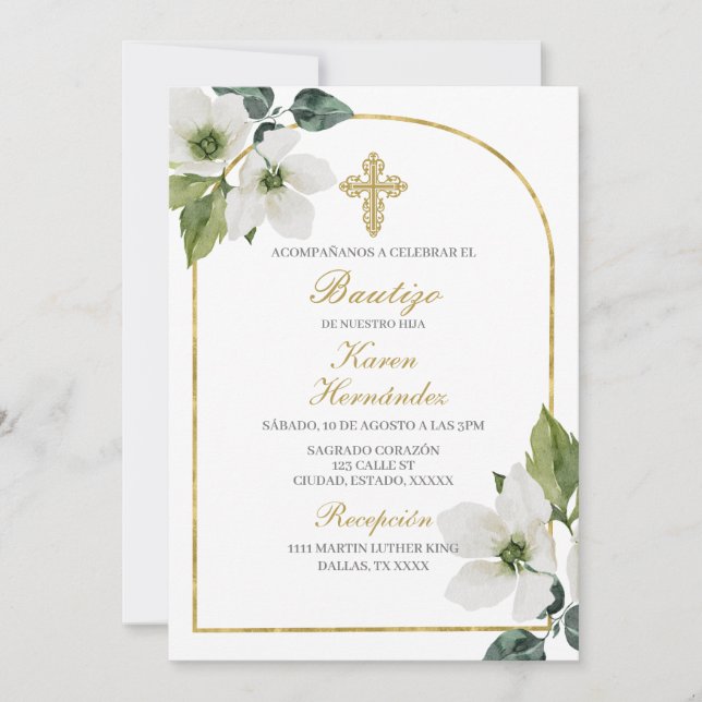 White floral Baptism Spanish Invitation (Front)