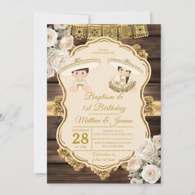 White Floral Baptism Twin Boy & Girl 1st Birthday Invitation (Front)