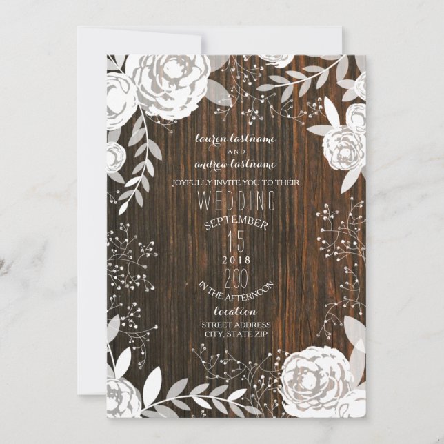 White Floral Barnwood Rustic Wedding Invitation (Front)