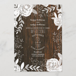 White Floral Barnwood Rustic Wedding Invitation