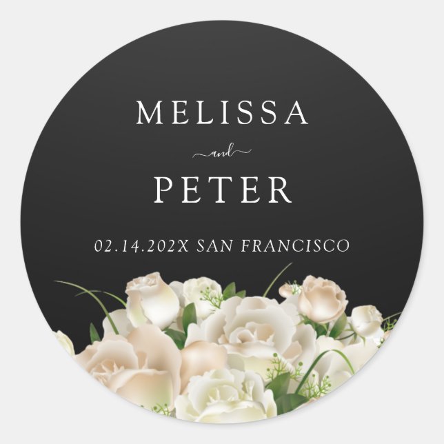White Floral Black Elegant Minimalist  Wedding Classic Round Sticker (Front)
