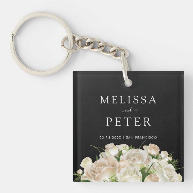White Floral Black Elegant Minimalist  Wedding Key Ring (Front)