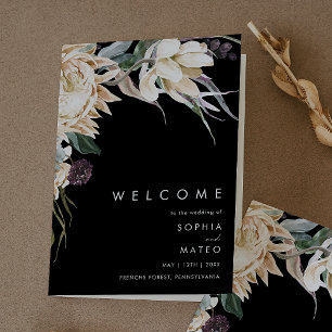 White Floral   Black Folded Wedding Program Programme