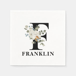 White Floral Black Monogram F Napkin