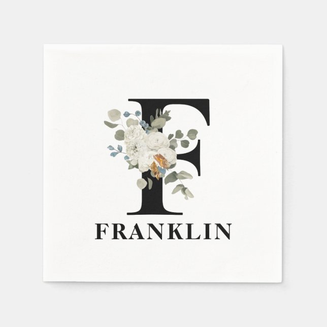 White Floral Black Monogram F Napkin (Front)
