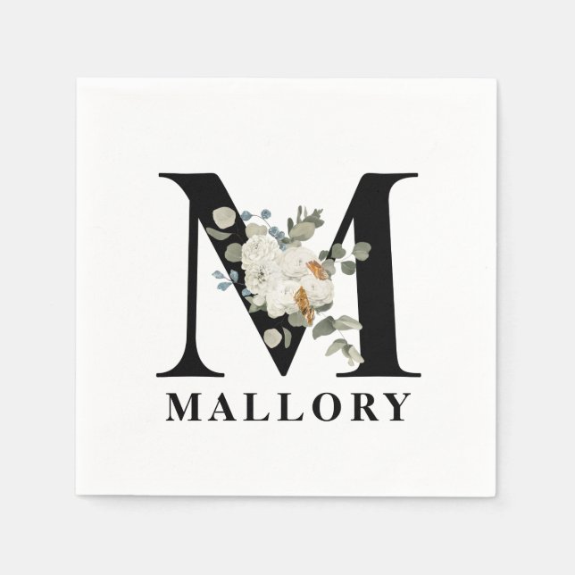 White Floral Black Monogram M Napkin (Front)