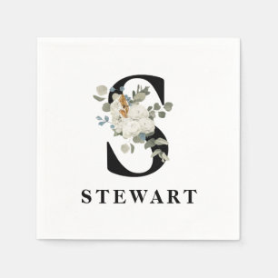 White Floral Black Monogram S Napkin