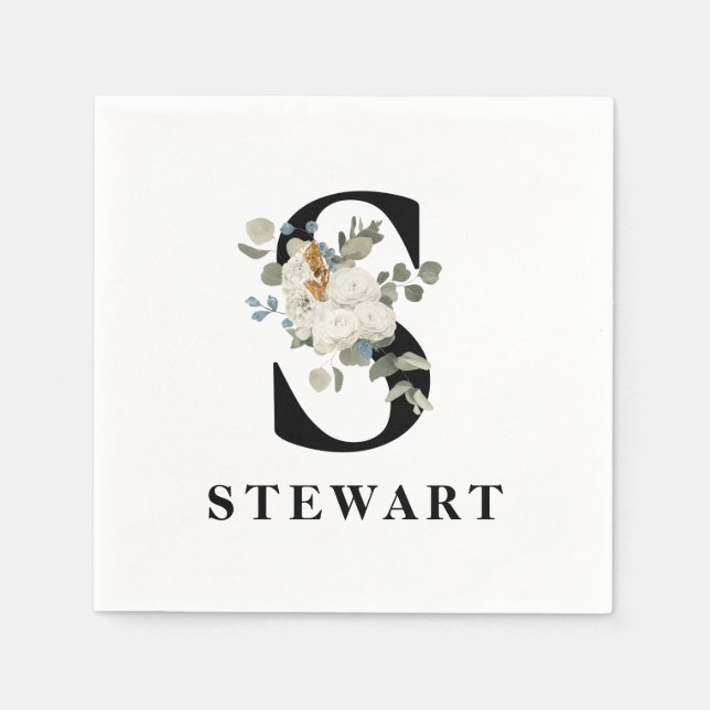 White Floral Black Monogram S Napkin (Front)