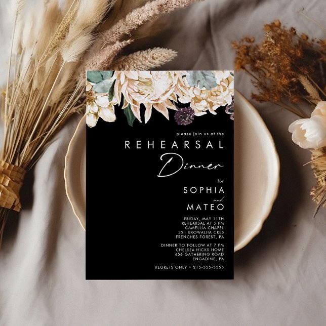White Floral | Black Rehearsal Dinner Invitation (Creator Uploaded)
