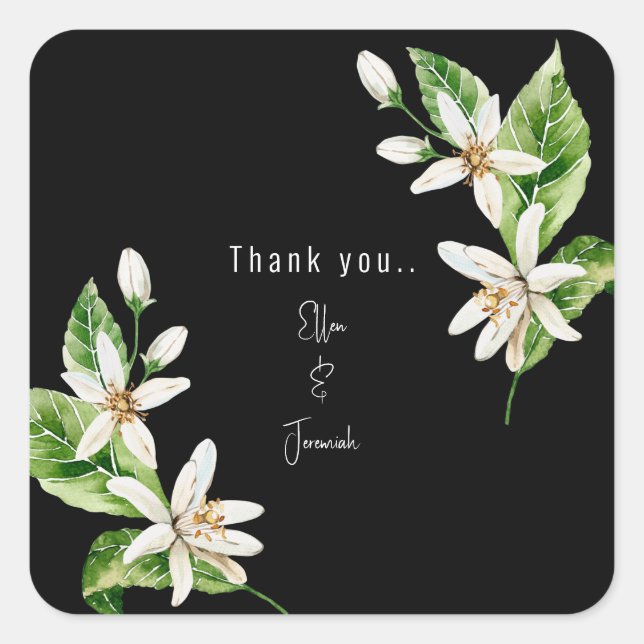 White Floral Black Wedding Custom Thank You Square Sticker (Front)