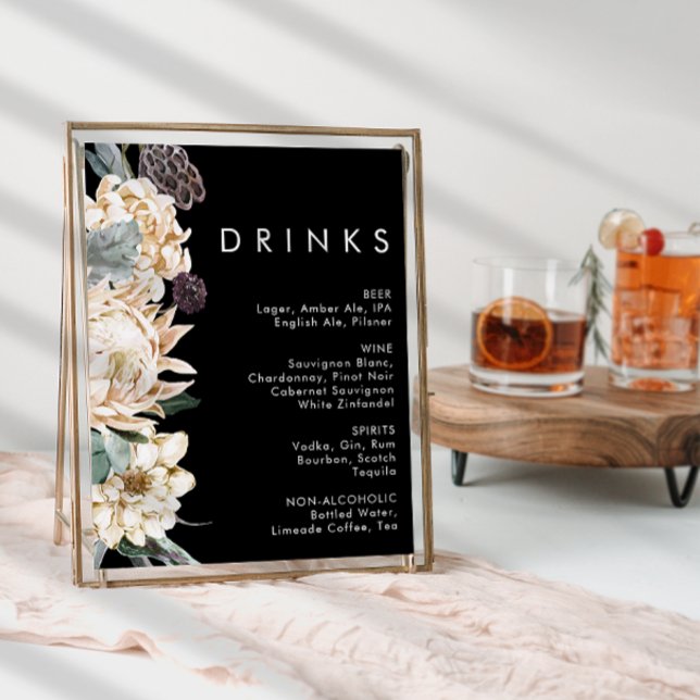 White Floral | Black Wedding Drinks Sign (Creator Uploaded)