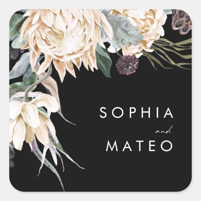 White Floral | Black Wedding Envelope Seals (Front)