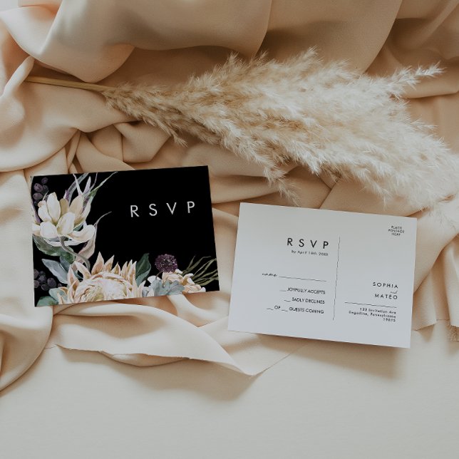White Floral | Black Wedding RSVP Postcard (Creator Uploaded)