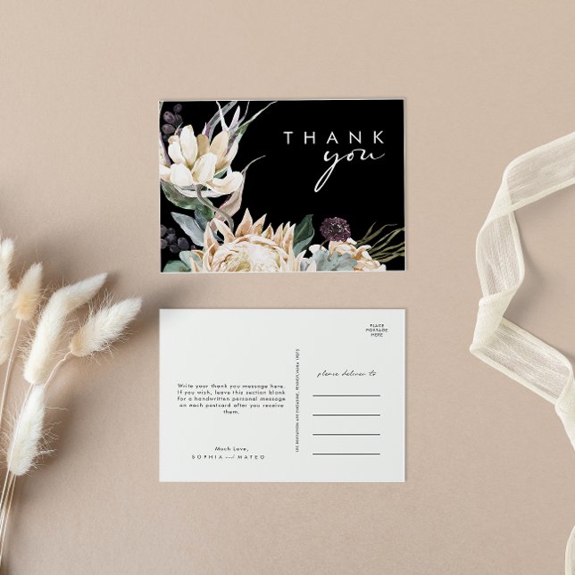 White Floral | Black Wedding Thank You Postcard (Creator Uploaded)