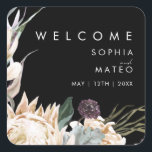 White Floral | Black Wedding Welcome Square Sticker<br><div class="desc">We designed this White Floral | Black wedding welcome square sticker to complete your rustic dark tropical wedding. With its bohemian watercolor greenery to its modern boho winter flowers, including protea, dahlia, and dried lotus, the design is sure to set off your moody, minimalist black and green theme. Change the...</div>