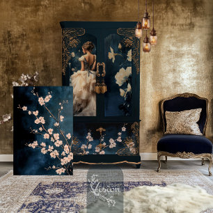 White Floral Blossoms Branches Navy Background Tissue Paper